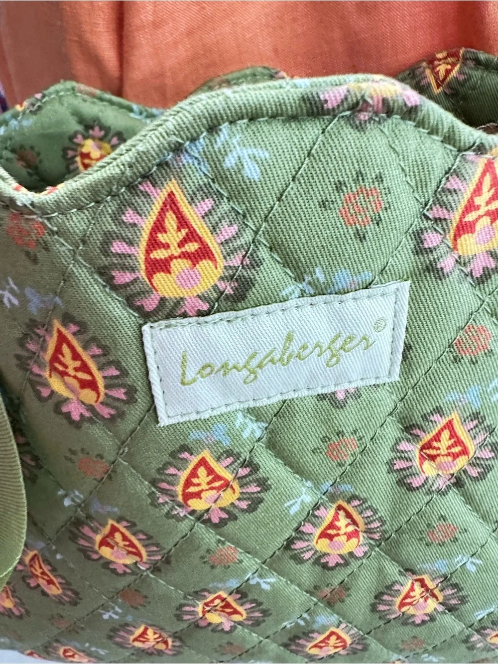Longaberger Green Quilted Tote with Orange Floral Accents